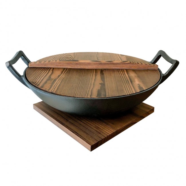 사타케 Nabe Cast Iron 웍팬 With Wooden Lid & 글라스 Lid 36 cm/6 L Satake Nabe Cast Iron Wok Pan With Wooden Lid & Glass Lid Ø36 cm/6 L 01924