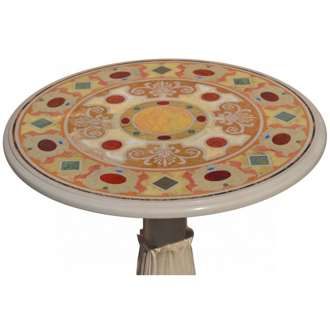Cupioli Luxury Living Round 테이블 in Cream Marble with Carved Wooden Base by 게리동 Scagliola for 00034