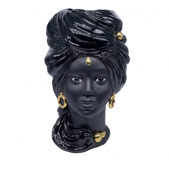 DD Ceramiche Siciliane Anubi Giant Lady 블랙 & 골드 Moors Head 화병 꽃병 14724