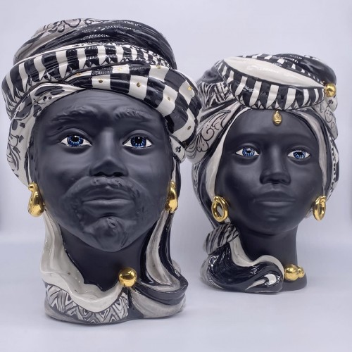 DD Ceramiche Siciliane Anubi Man 블랙-AND-화이트 Moors Head 화병 꽃병 14647
